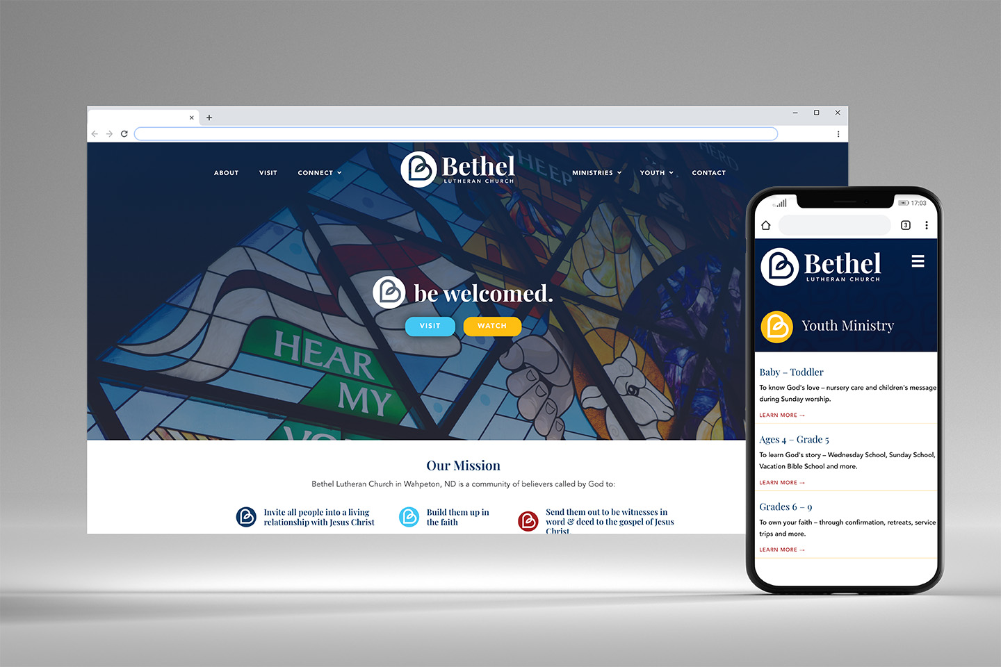 Browser and mobile screen mock up bethel lutheran church in wahpeton website screenshots mock up